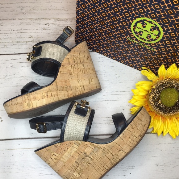 Tory Burch Shoes - Tory Burch Rare Leather Linen Strappy Cork Wedges